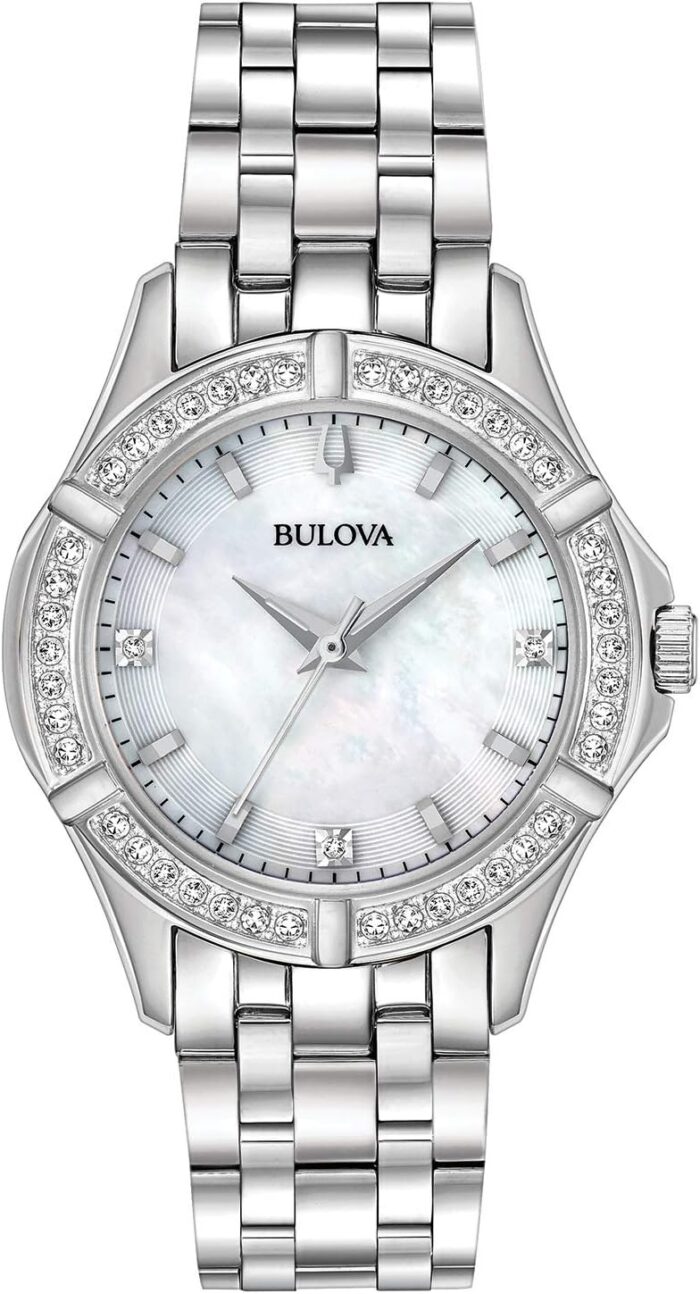 Bulova ladies classic stainless steel 3 hand quartz watch diamond dial and bezel with white mother of pearl dial style 96r233.jpg