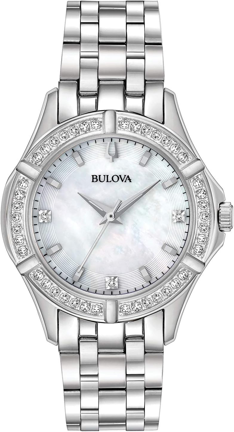 Bulova ladies classic stainless steel 3 hand quartz watch diamond dial and bezel with white mother of pearl dial style 96r233.jpg
