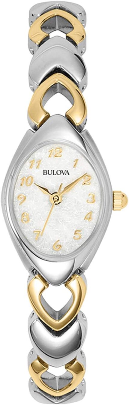 Bulova ladies classic two tone stainless steel 3 hand quartz white patterned dial style 98v02.jpg