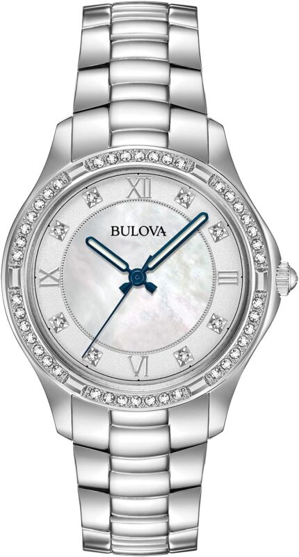 Bulova ladies crystal stainless steel 3 hand quartz watch white mother of pearl dial.jpg