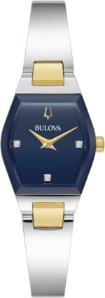Bulova ladies modern gemini diamond silver and gold stainless steel watchtonneau shape blue dial model 98p218.jpg