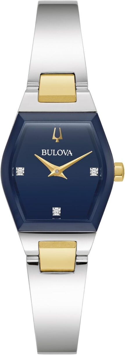 Bulova ladies modern gemini diamond silver and gold stainless steel watchtonneau shape blue dial model 98p218.jpg
