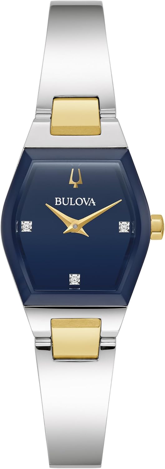 Bulova ladies modern gemini diamond silver and gold stainless steel watchtonneau shape blue dial model 98p218.jpg