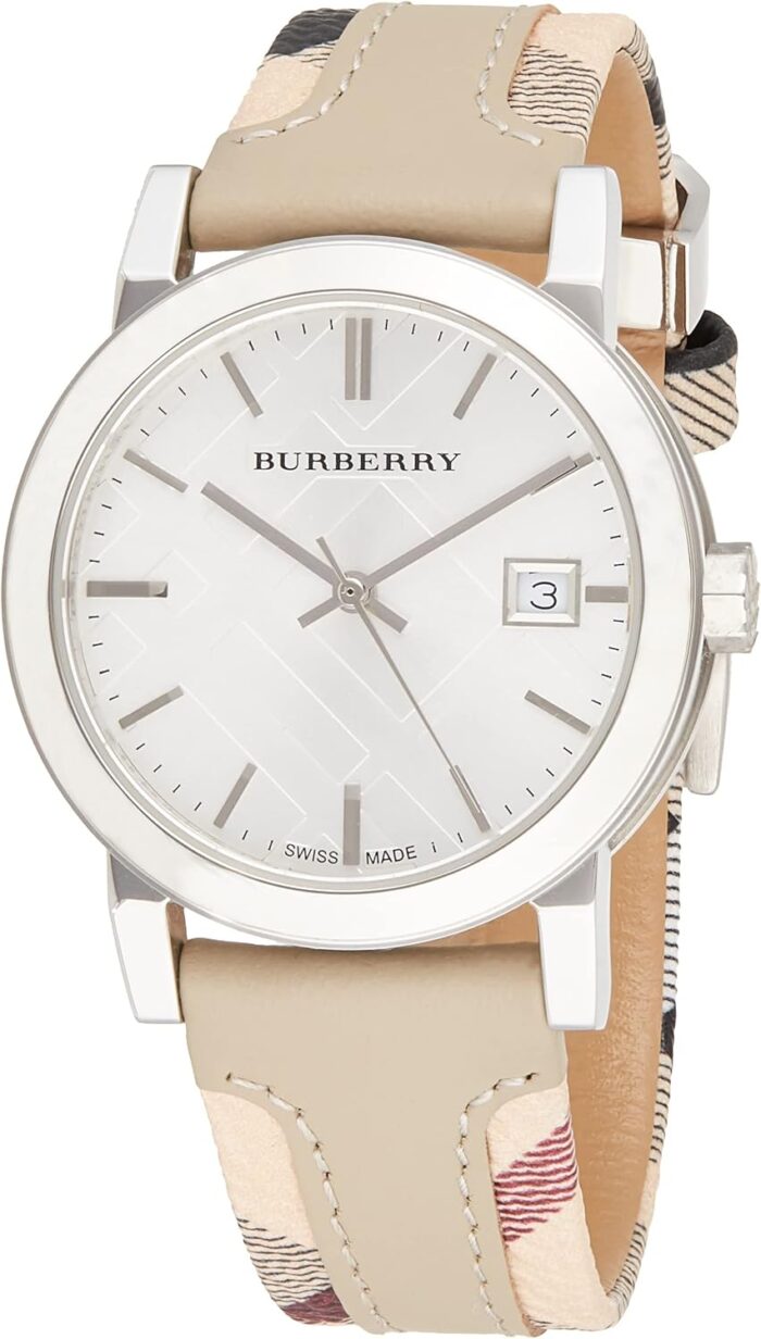 Burberry bu9132 womens swiss the city haymarket check and white leather strap watch.jpg