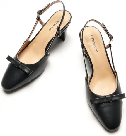 C.paravano womens slingback low chunky heels round toe block heel pumps splicing bowknot slip on fashion party dress shoes.jpg
