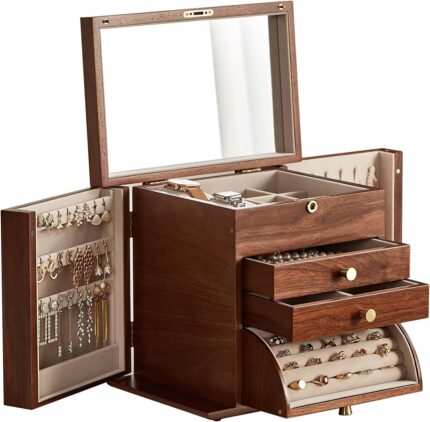 Chosin black walnut wooden jewelry box 4 layer large jewelry organizer with mirror lockable 2 side doors solid wood brass handle classical style for necklaces rings earrings watch mothers day.jpg