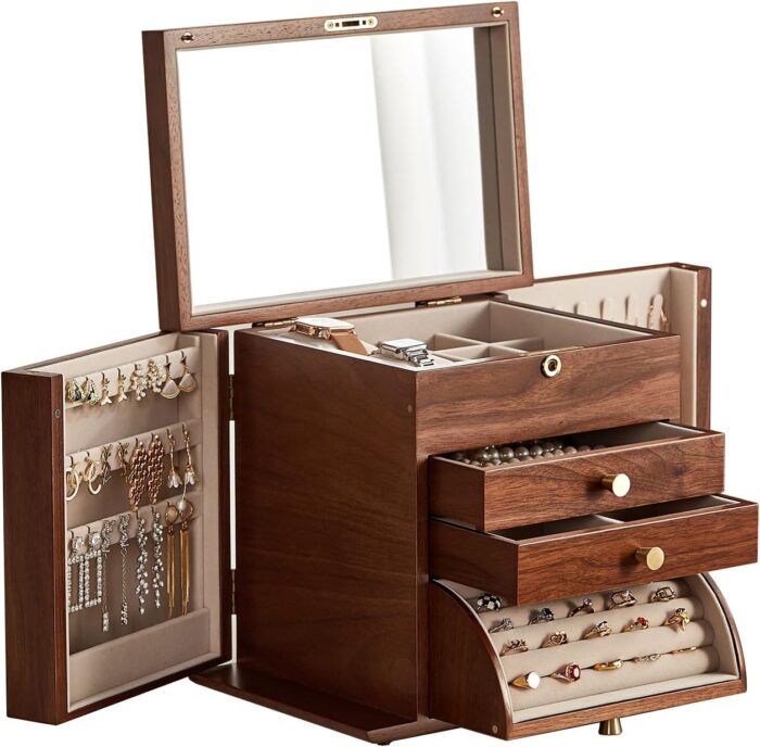 Chosin black walnut wooden jewelry box 4 layer large jewelry organizer with mirror lockable 2 side doors solid wood brass handle classical style for necklaces rings earrings watch mothers day.jpg