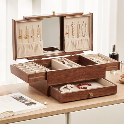Chosin black walnut wooden jewelry box for women 3 level multi functional drawer wood organizer box with mirror for watch necklace ring earring storage mothers day gifts.jpg