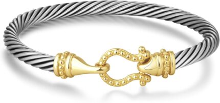 Cable bracelets for women two tone cuff bangle with turquoise hook clasp mixed metal bracelets designer dupes jewelry for her.jpg