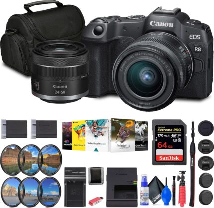 Canon eos r8 mirrorless camera with rf 24 50mm f4.5 6.3 is stm lens 5803c012 64gb memory card corel photo software bag charger filters kit lpe17 battery card reader more renewed.jpg