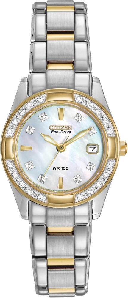 Citizen womens eco drive dress classic diamond watch in two tone stainless steel mother of pearl dial model ew1824 57d.jpg