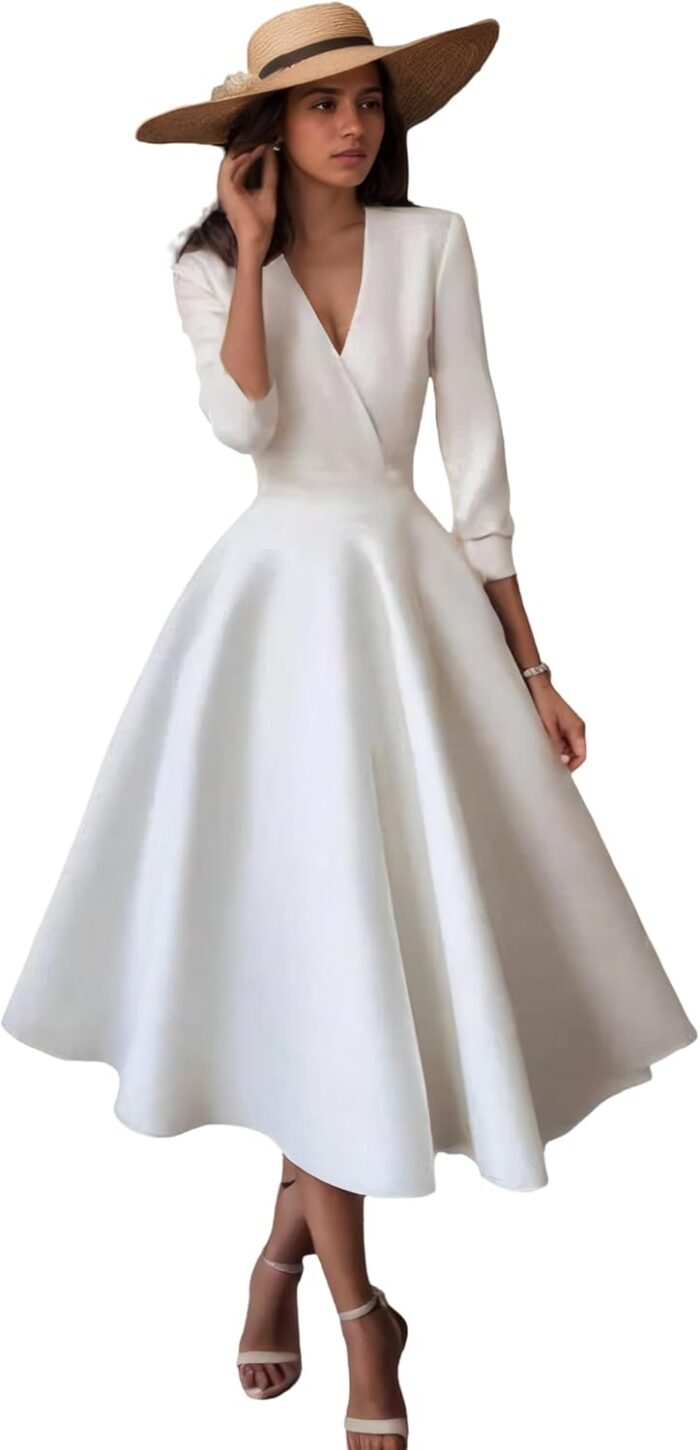 Elegant a line evening dresses v neck tea length half sleeve wedding guest dress with draping 2025.jpg