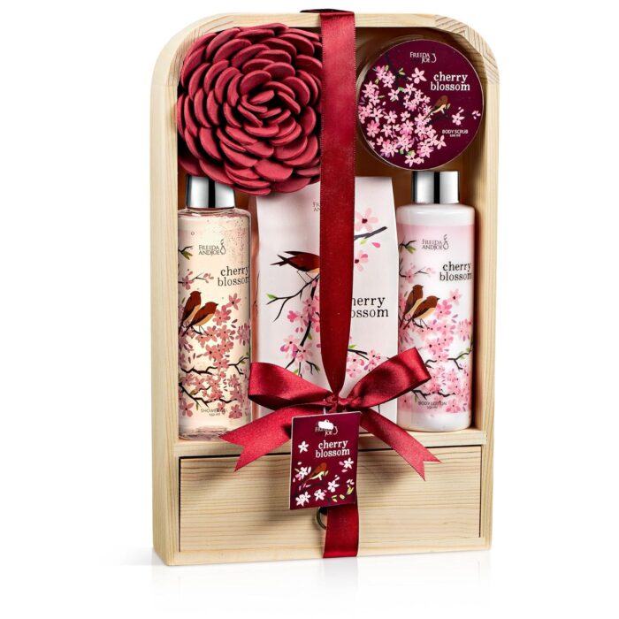 Elegant modern cherry blossom bath and body gift set 6pc home spa set with bubble bath bath salts body lotion bath puff and rose soaps in wooden curio mothers day gift for mom.jpg