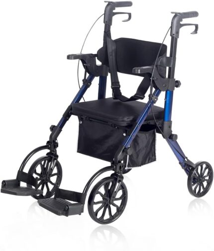 Elenker 2 in 1 rollator walker transport chair folding wheelchair rolling mobility walking aid with seat belt padded seat and detachable footrests for adult seniors blue.jpg