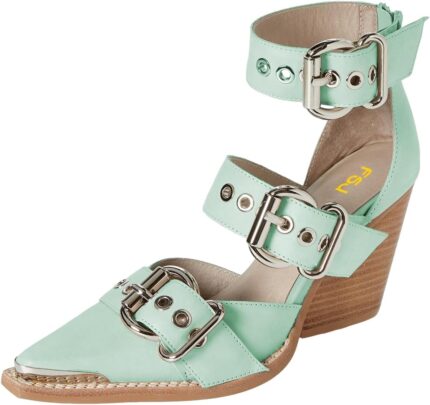 Fsj women pointed toe metal buckle hollow out leather strappy medium thick wedge stacked heel sandal zipper fashion pumps shoes size 4 16 us.jpg