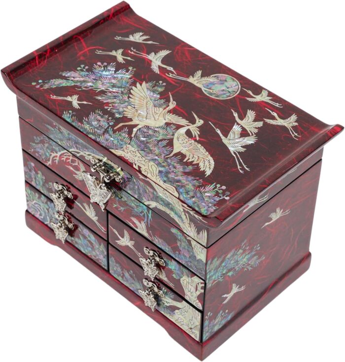 February mountain mother of pearl wooden jewelry organizer box – jewelry storage box for women features spacious drawers ideal for rings bracelets watches chains accessories crane red.jpg