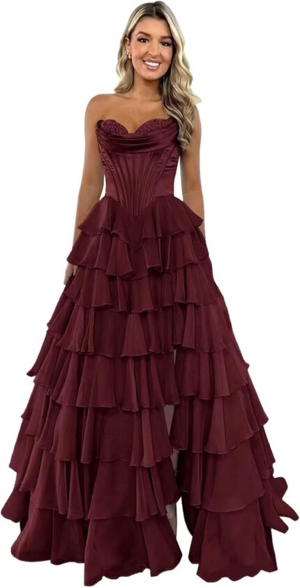 Floral prom dresses for women tiered chiffon a line sweetheart prom dress with slit lw017.jpg
