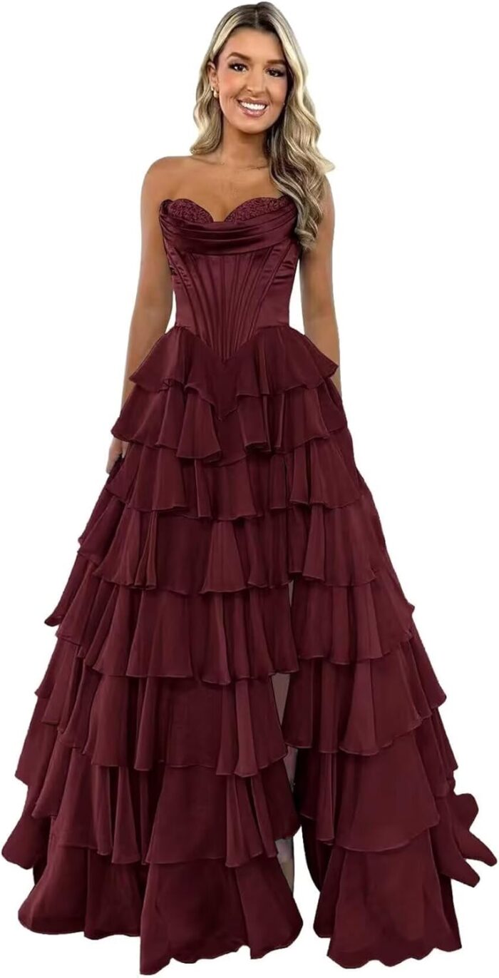 Floral prom dresses for women tiered chiffon a line sweetheart prom dress with slit lw017.jpg