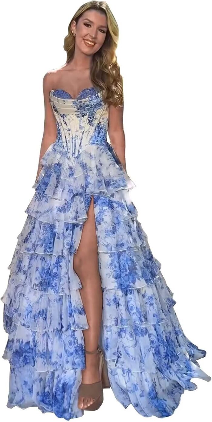 Floral prom dresses with slit for women tiered chiffon ball gown prom dress sweetheart a line he51300.jpg