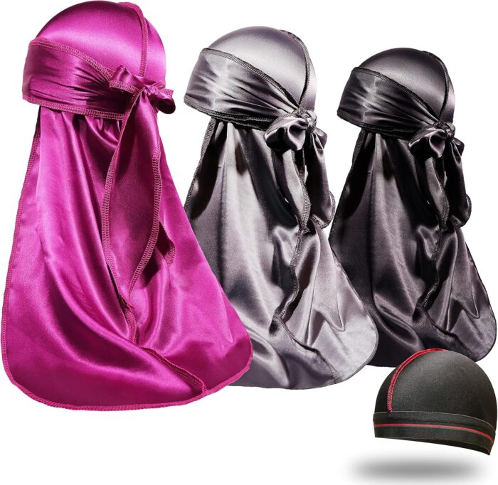 Forcewave 3 pieces silky durags and 1 wave cap pack for men waves moisture tech fabric satin du rag.jpg