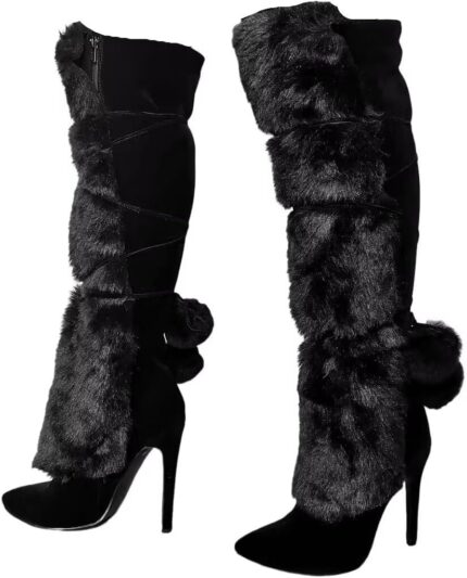 Frankie hsu fashion designer sexy big size black furry flurffy fuzzy plush faux fur stiletto heels knee high wide calf tall long winter boots for women us4 14.jpg
