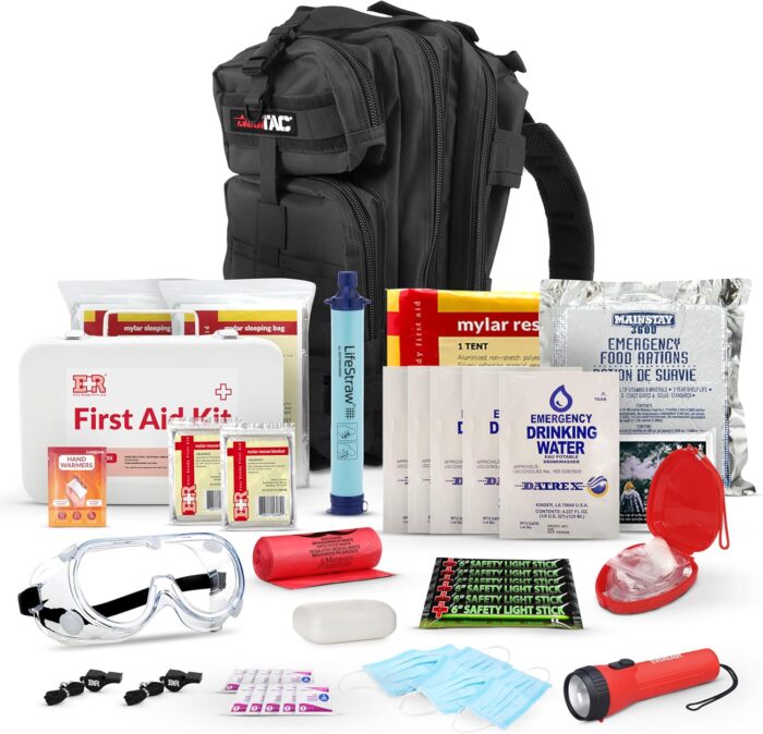 Fully stocked first aid kit with mylar rescue tent sleeping bag cpr mask survival gear camping essentials travel first aid kit emergency supplies medical supplies – black.jpg