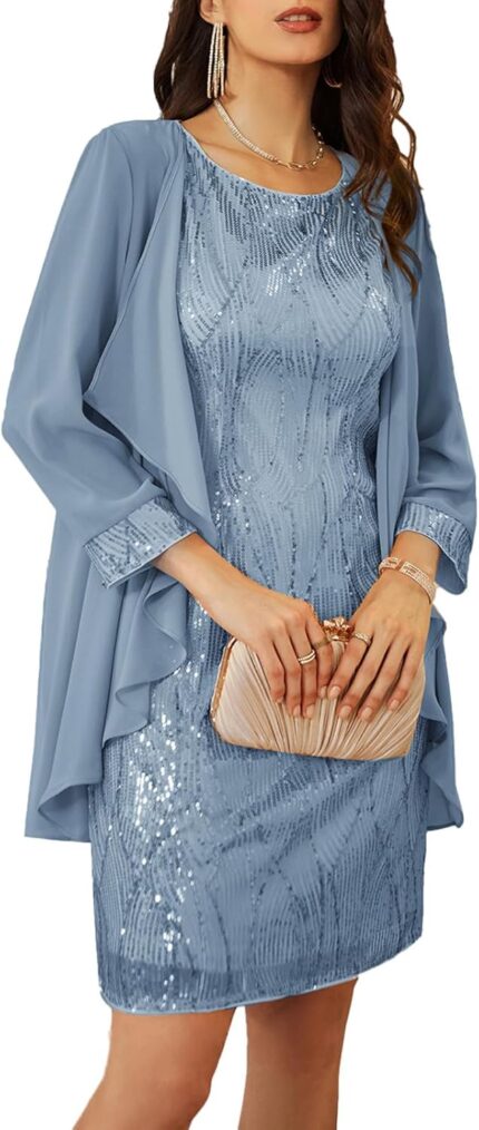 Grace karin sequin dress for women knee length mother of the bride dresses formal dress two piece dress with chiffon jacket.jpg