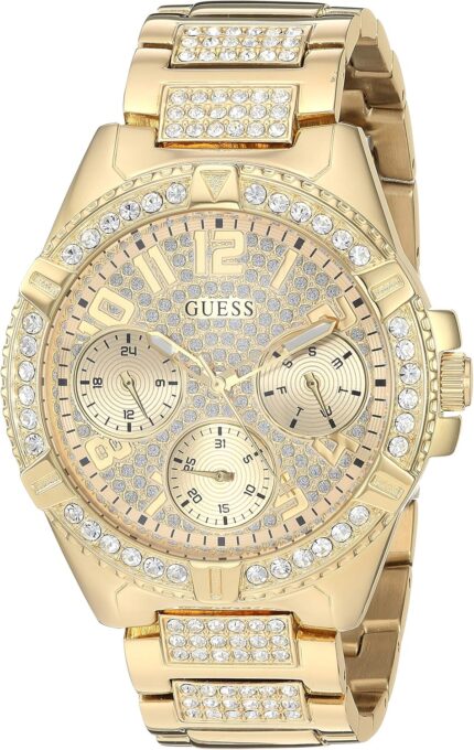 Guess gold tone stainless steel crystal watch with day date 24 hour militaryintl time. color gold tone model u1156l2.jpg