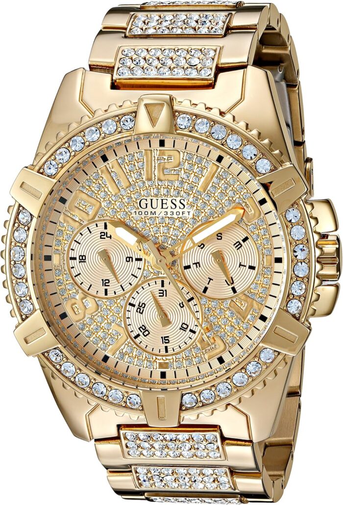 Guess stainless steel gold tone crystal embellished bracelet watch.jpg