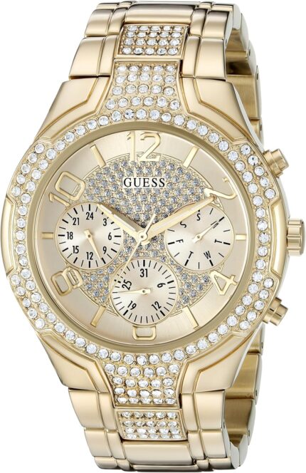Guess womens gold tone stainless steel crystal embellished bracelet watch with day date 24 hour militaryintl time. color gold tone model u0628l2.jpg