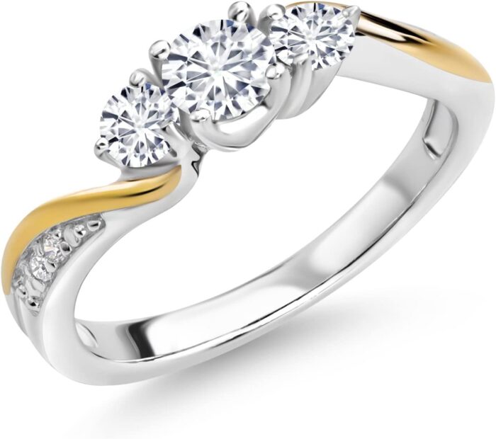 Gem stone king 925 sterling silver and 10k yellow gold white lab grown diamond 3 stone engagement ring for women 0.50 cttw gemstone april birthstone available in size 5 6 7 8 9.jpg