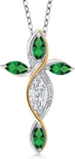Gem stone king cross necklace for women in 925 silver and 10k yellow gold with white moissanite and green nano emerald 1.32 cttw jesus christian religious crucifix marquise 8x4mm 18 inch chain.jpg