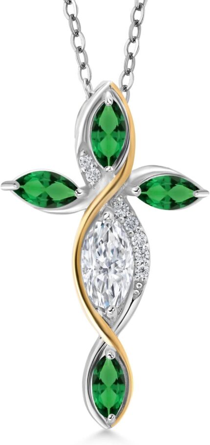 Gem stone king cross necklace for women in 925 silver and 10k yellow gold with white moissanite and green nano emerald 1.32 cttw jesus christian religious crucifix marquise 8x4mm 18 inch chain.jpg