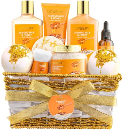 Gift basket for women 10 pc almond milk honey beauty personal care set home bath pampering package for relaxing spa self care kit thank you birthday mom anniversary gift.jpg