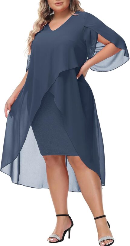 Hanna nikole womens plus size chiffon cocktail dress ruffle 34 sleeve wedding guest party dresses with high low hem.jpg