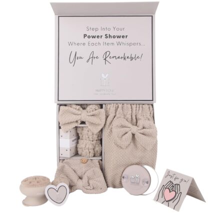 Happy lolli power shower gift set luxury bath accessories basket for women teen girls – includes body hair towel wrist bands headband face sponge more – empower your routine fresh in beige.jpg