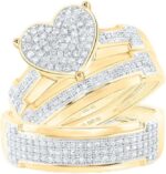 His and hers bridal womens and mens engagment and wedding band complete trio matching wedding rings set 10k yellow gold round diamond heart 12 cttw.jpg