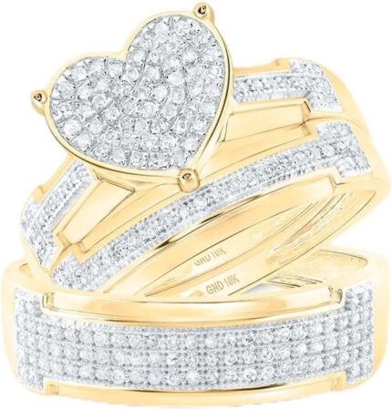 His and hers bridal womens and mens engagment and wedding band complete trio matching wedding rings set 10k yellow gold round diamond heart 12 cttw.jpg