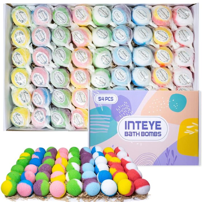Inteye luxury bath bombs gift set 54pc skin nourishing mineral bath salts with natural essential oils 9 aromas spa qualit self care for women men kids eco friendly packaging.jpg