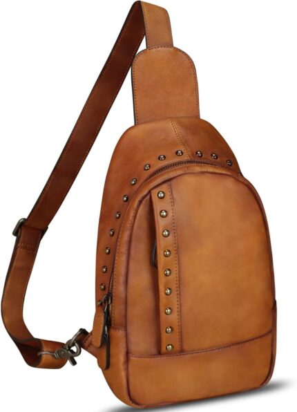 Ivtg genuine leather sling bag for women sling backpack chest shoulder hiking daypack vintage handmade casual crossbody purse.jpg