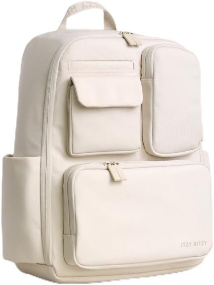 Itzy ritzy utility diaper bag backpack – features 17 pockets including 2 insulated bottle holders trolley sleeve and includes stroller straps changing pad – part of the belong collection cream.jpg