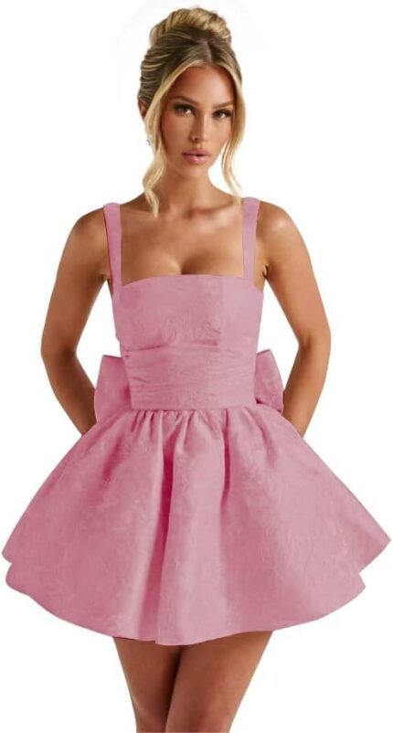 Jacquard satin homecoming dresses 2025 with bow a line spaghetti straps formal evening gown.jpg