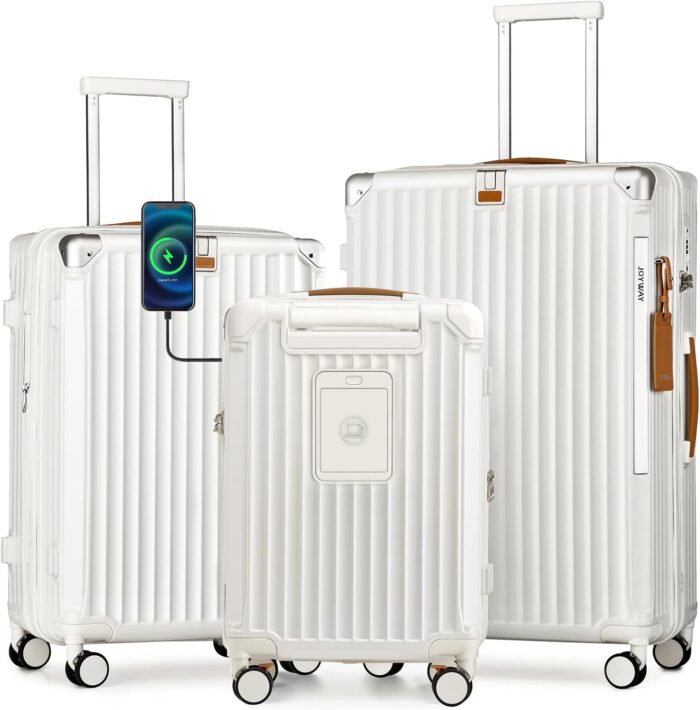Joyway 3 piece set hardside expandable luggage with usb charging port and cup holder tsa lock spinner wheels suitcase for international travel lightweight carry on checked baggage white.jpg