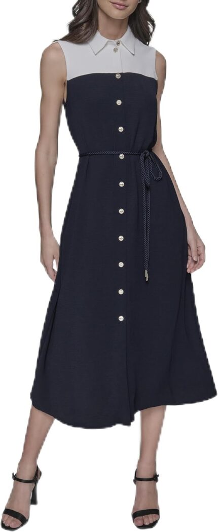 Karl lagerfeld paris womens collared contrasting colors sleeveless midi dress.jpg
