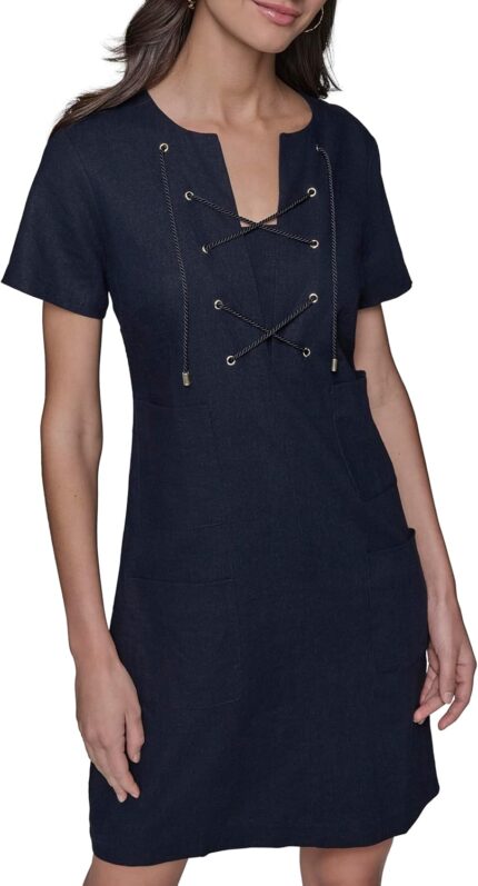 Karl lagerfeld paris womens light tie neck short sleeve mini dress.jpg