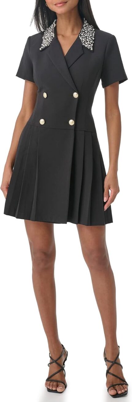 Karl lagerfeld paris womens pleated buttons pearl dress black 10.jpg