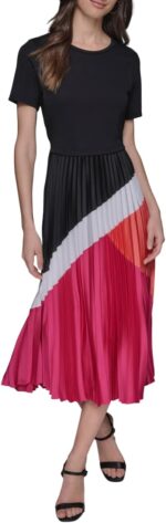 Karl lagerfeld paris womens short sleeve pleated skirt a line midi dress.jpg