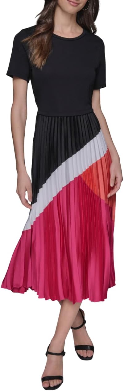 Karl lagerfeld paris womens short sleeve pleated skirt a line midi dress.jpg