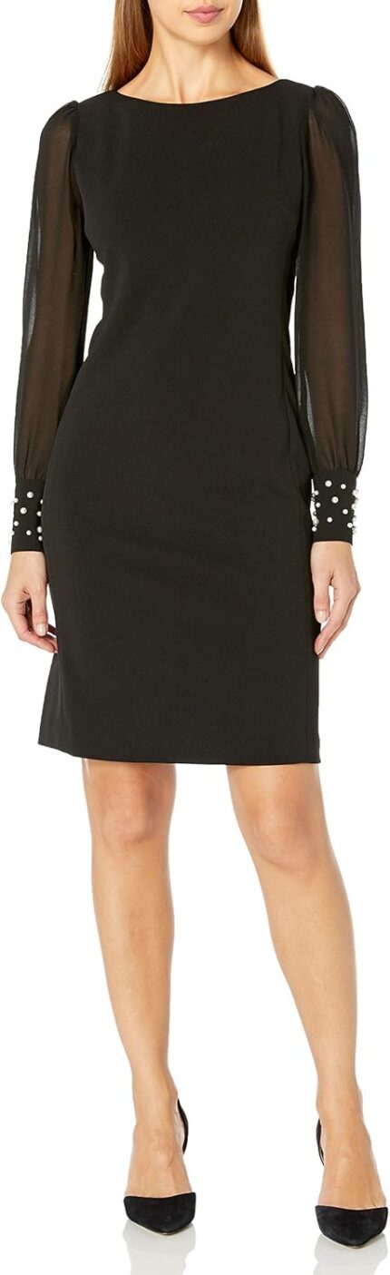 Karl lagerfeld paris womens solid sheer sleeve sheath dress.jpg