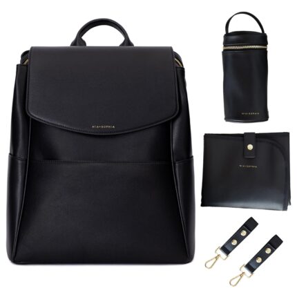 Leather diaper bag backpack with usb charging port changing pad stroller straps and bottle holder black olivia.jpg